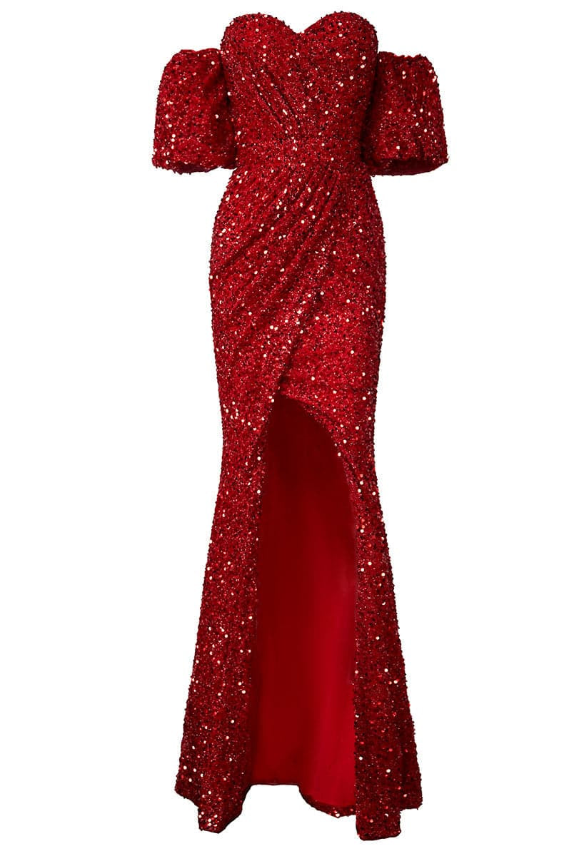 Half-sleeve Slit Mermaid Sequin Prom Dress XH1897