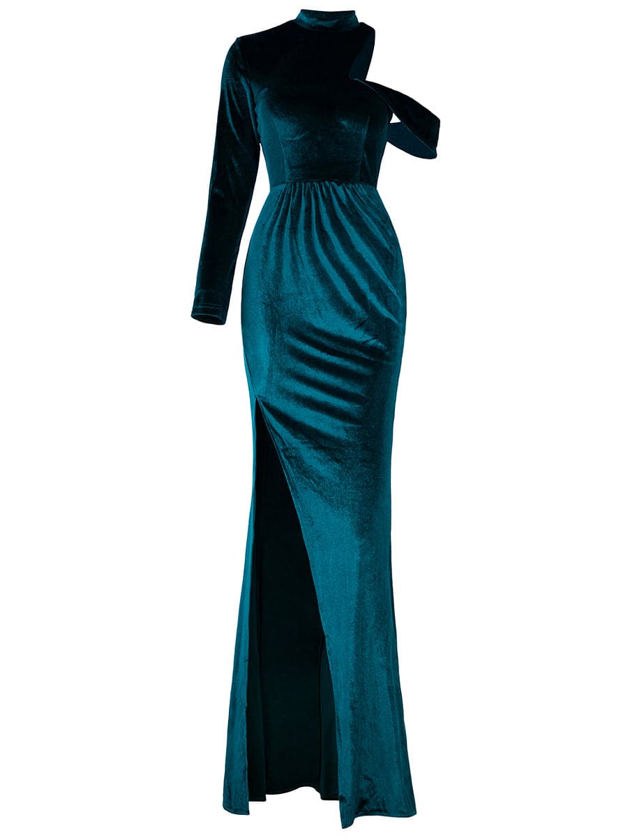 Sexy One Shoulder Off Waist Slit Velvet Dark Green Evening Dress XJ1650