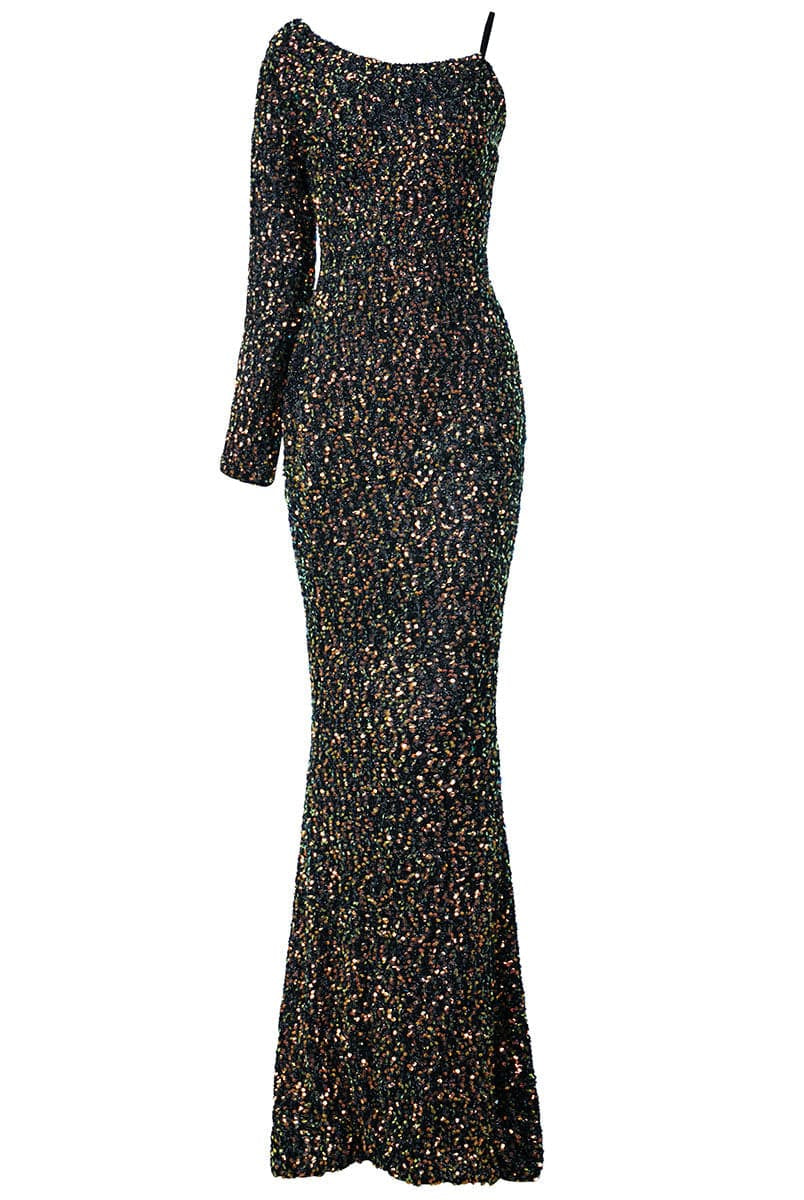 Asymmetrical Neck Black Mermaid Sequin Prom Dress M0622