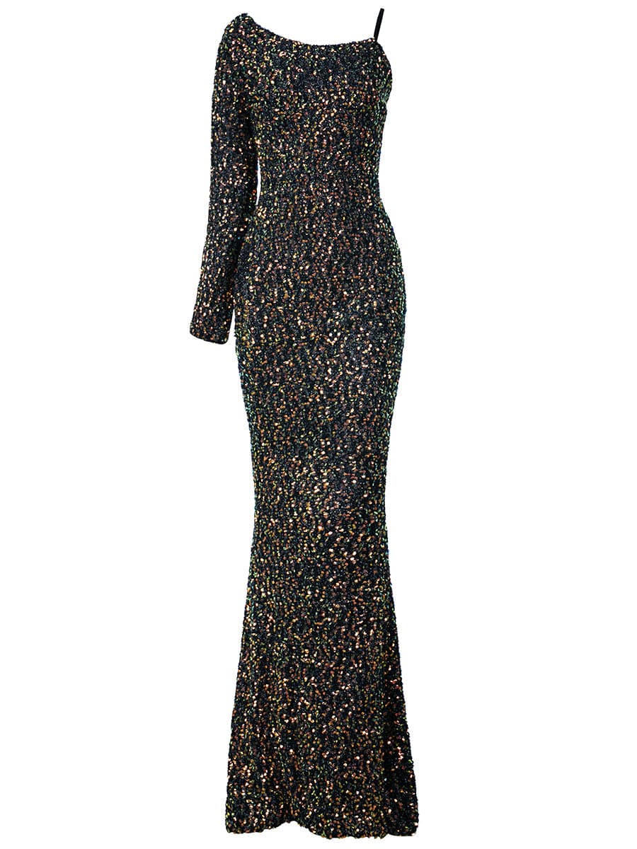 Asymmetrical Neck Black Mermaid Sequin Prom Dress M0622 MISS ORD