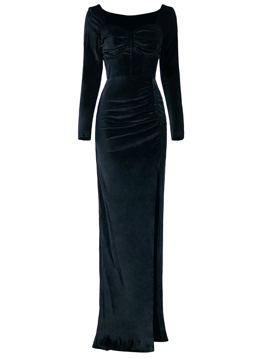 Sweetheart Split Thigh Maxi Black Velvet Prom Dress XH2361