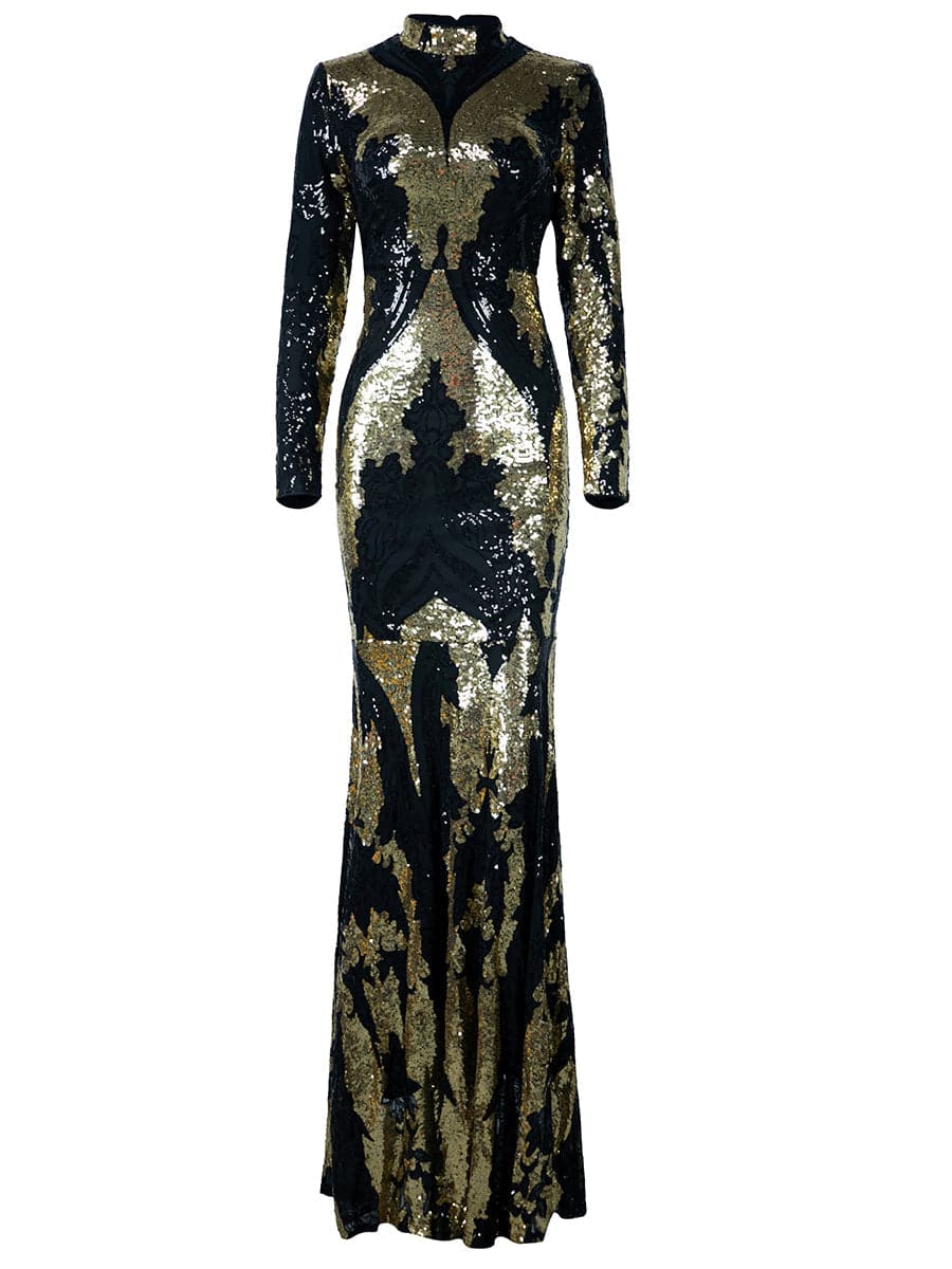 High Neck Long Sleeves Floor Length Sequin Black Prom Dress XJ1579 MISS ORD