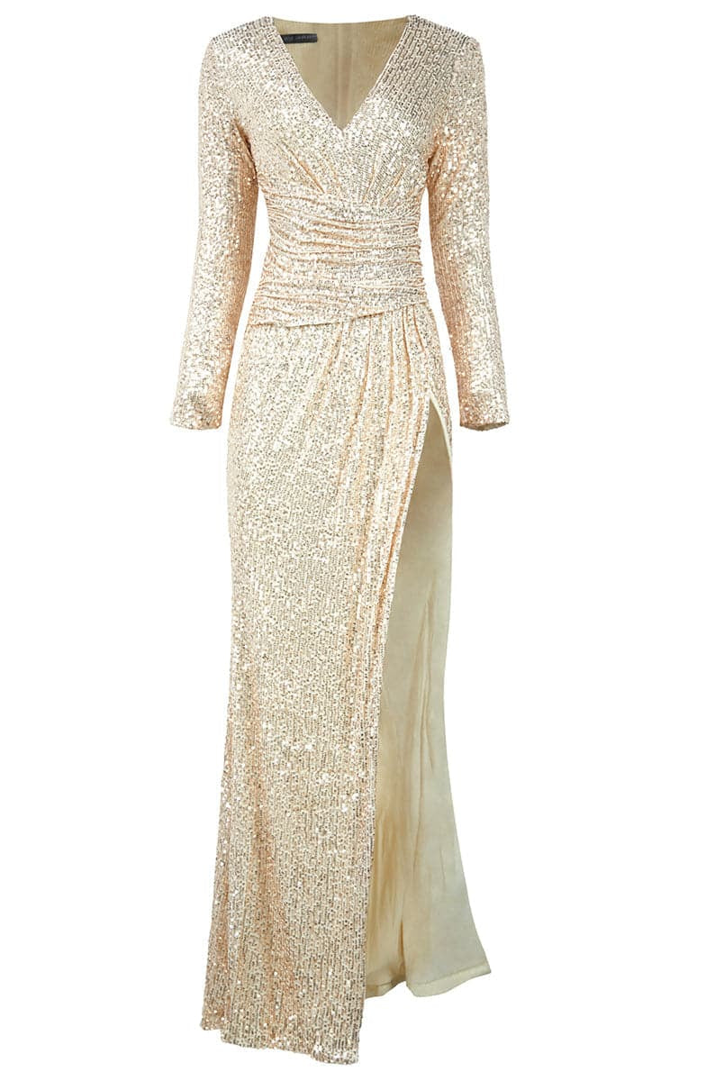 Deep V Long Sleeve Sequin Gold Maxi Prom Dress XH2082