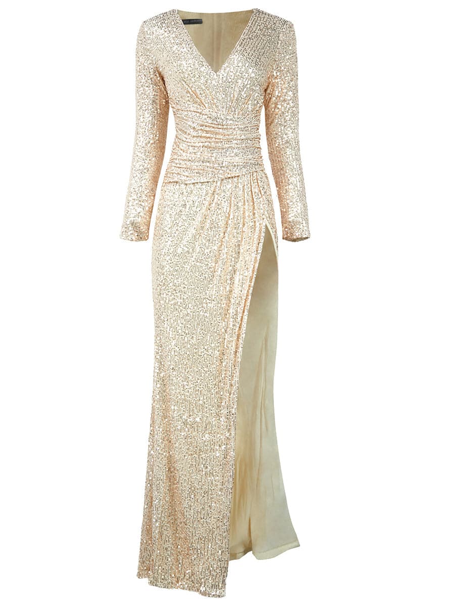 Deep V Long Sleeve Sequin Gold Maxi Prom Dress XH2082