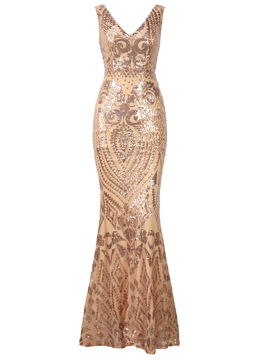 Double V Neck Floor Length Sequin Gold Maxi Prom Dress FT18726
