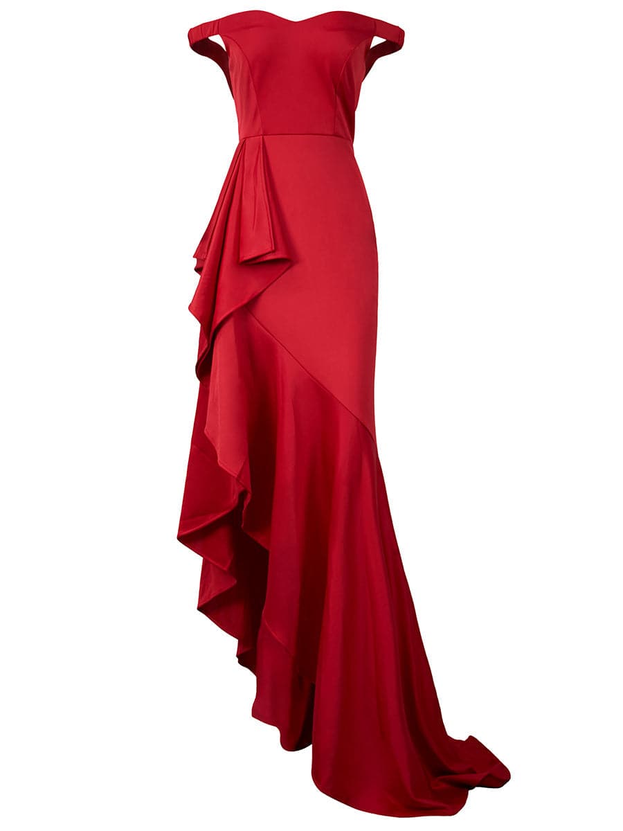 Asymmetric Off Shoulder Satin Red Long Prom Dress XJ1640 MISS ORD