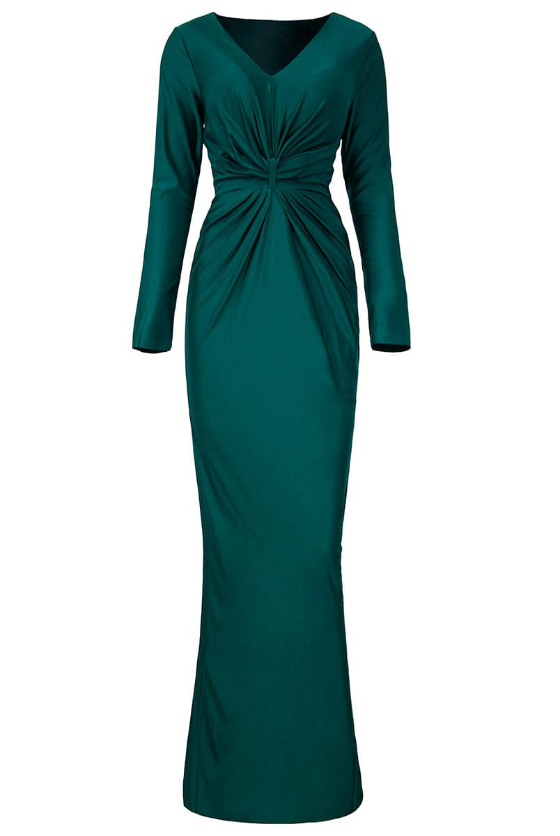 V-Neck Long Sleeve Green Maxi Prom Dress XH2236