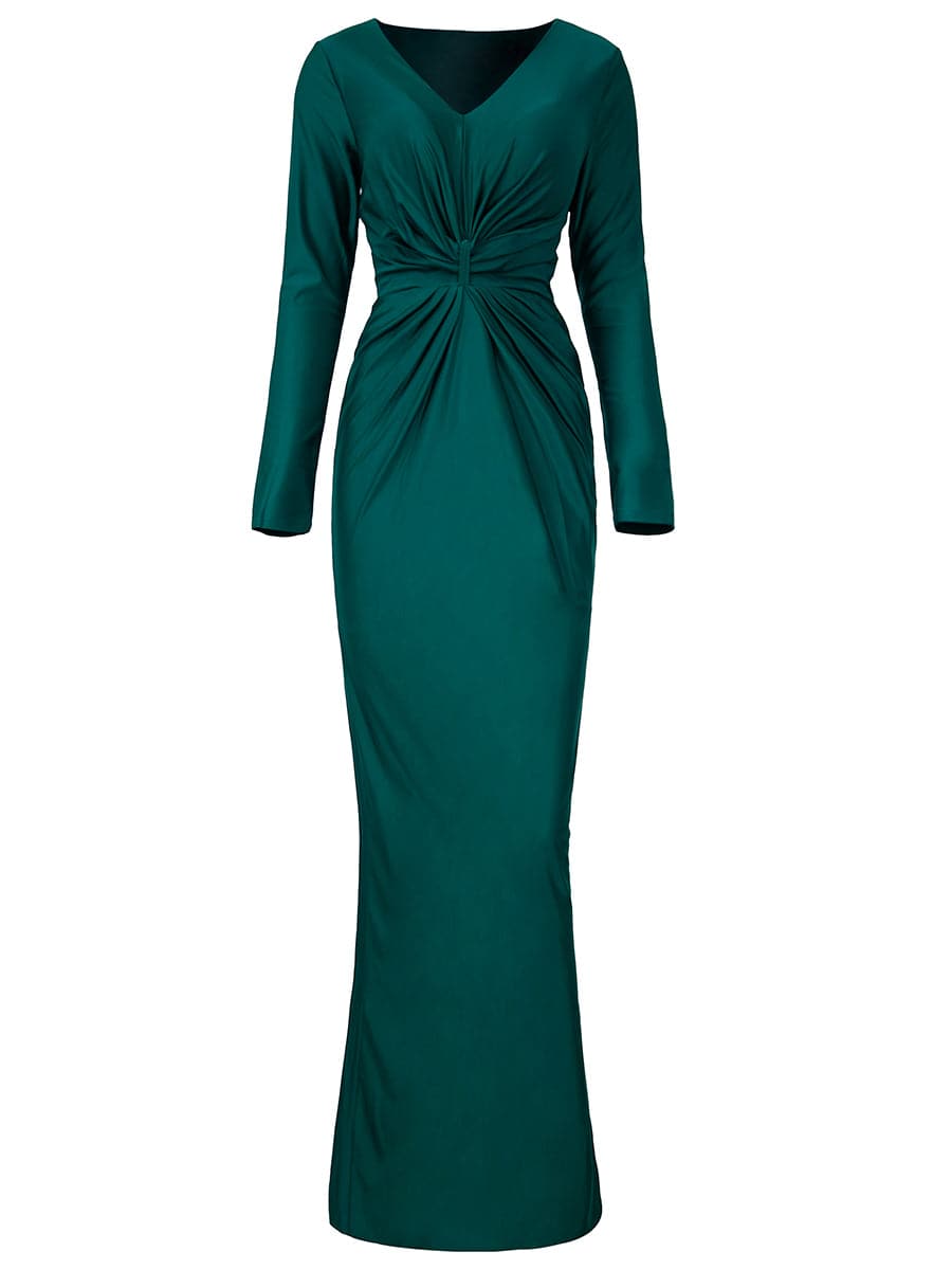 V-Neck Long Sleeve Green Maxi Prom Dress XH2236 MISS ORD