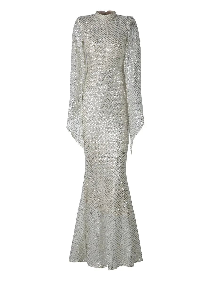 Glitter Bell Sleeve Elegant Mermaid Prom Dress XJ1263
