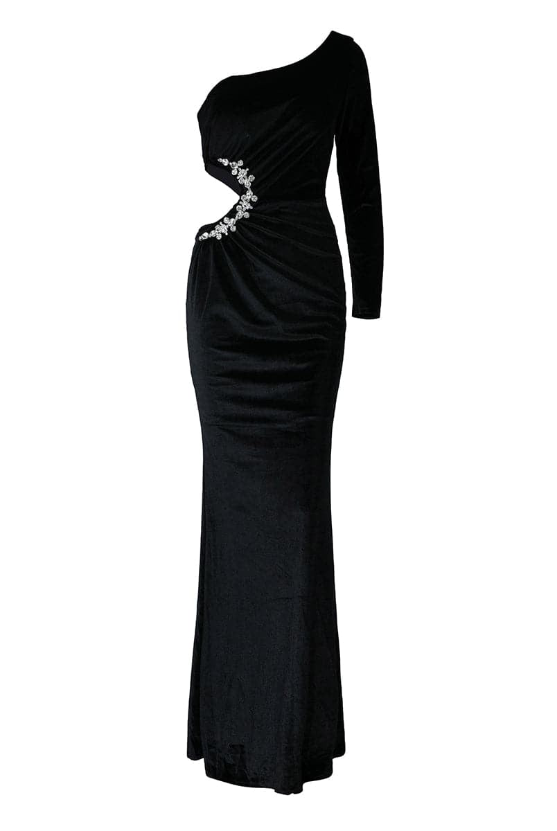 Cut Out Asymmetrical Black Velvet Formal Dress XH2404
