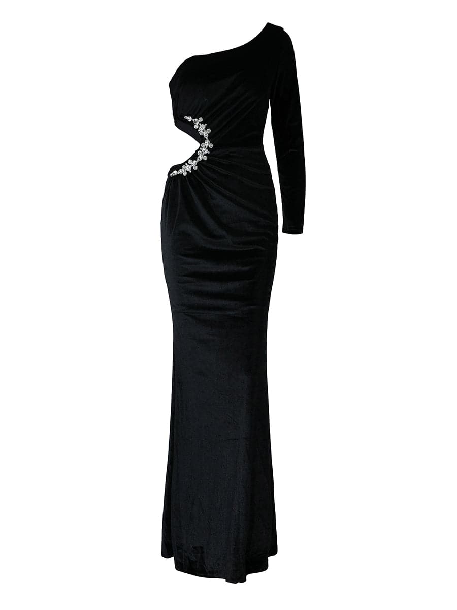 Cut Out Asymmetrical Black Velvet Formal Dress XH2404