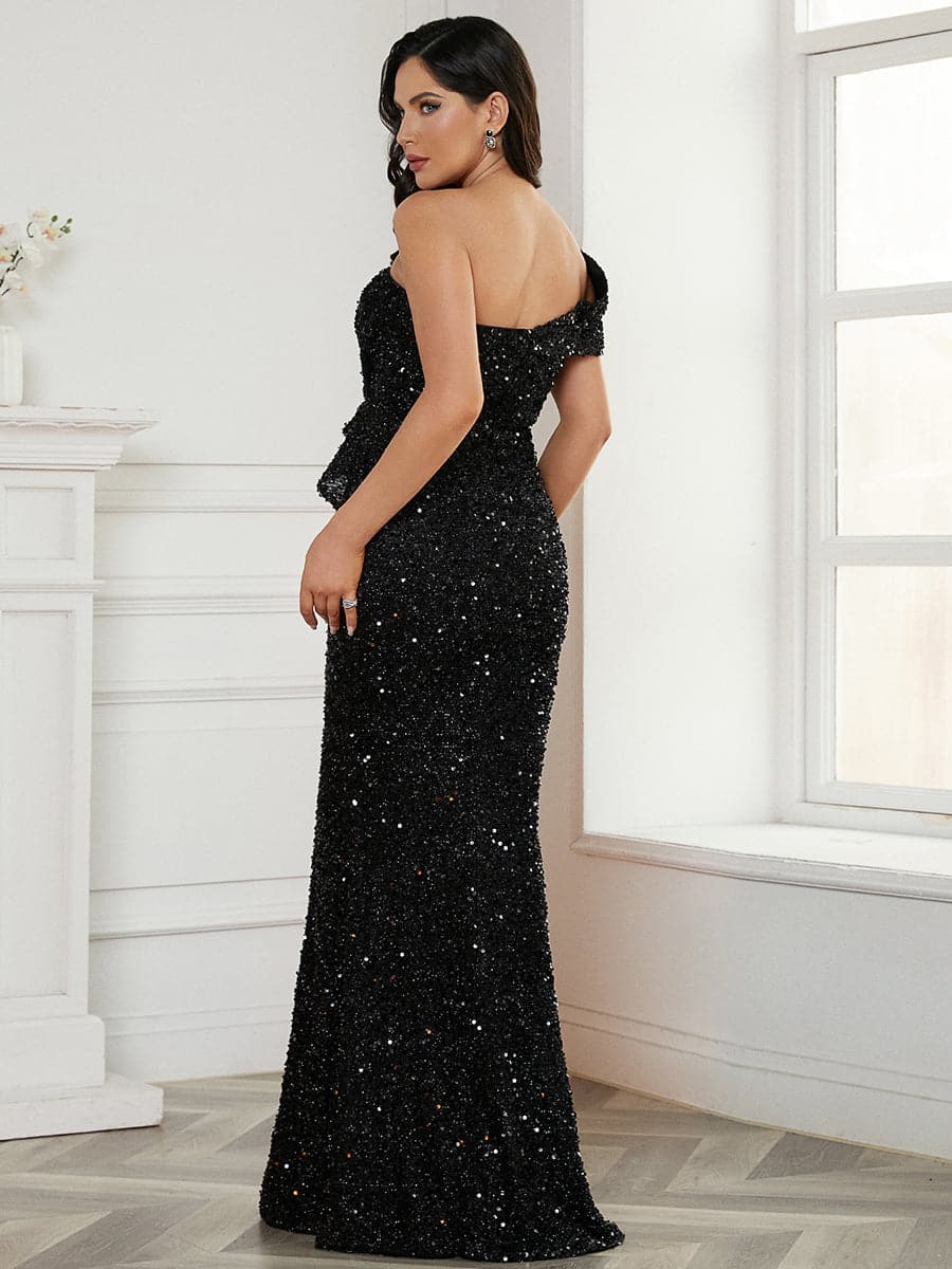 One Shoulder Ruffle Wrap Maxi Sequin Formal Dress WY46 MISS ORD