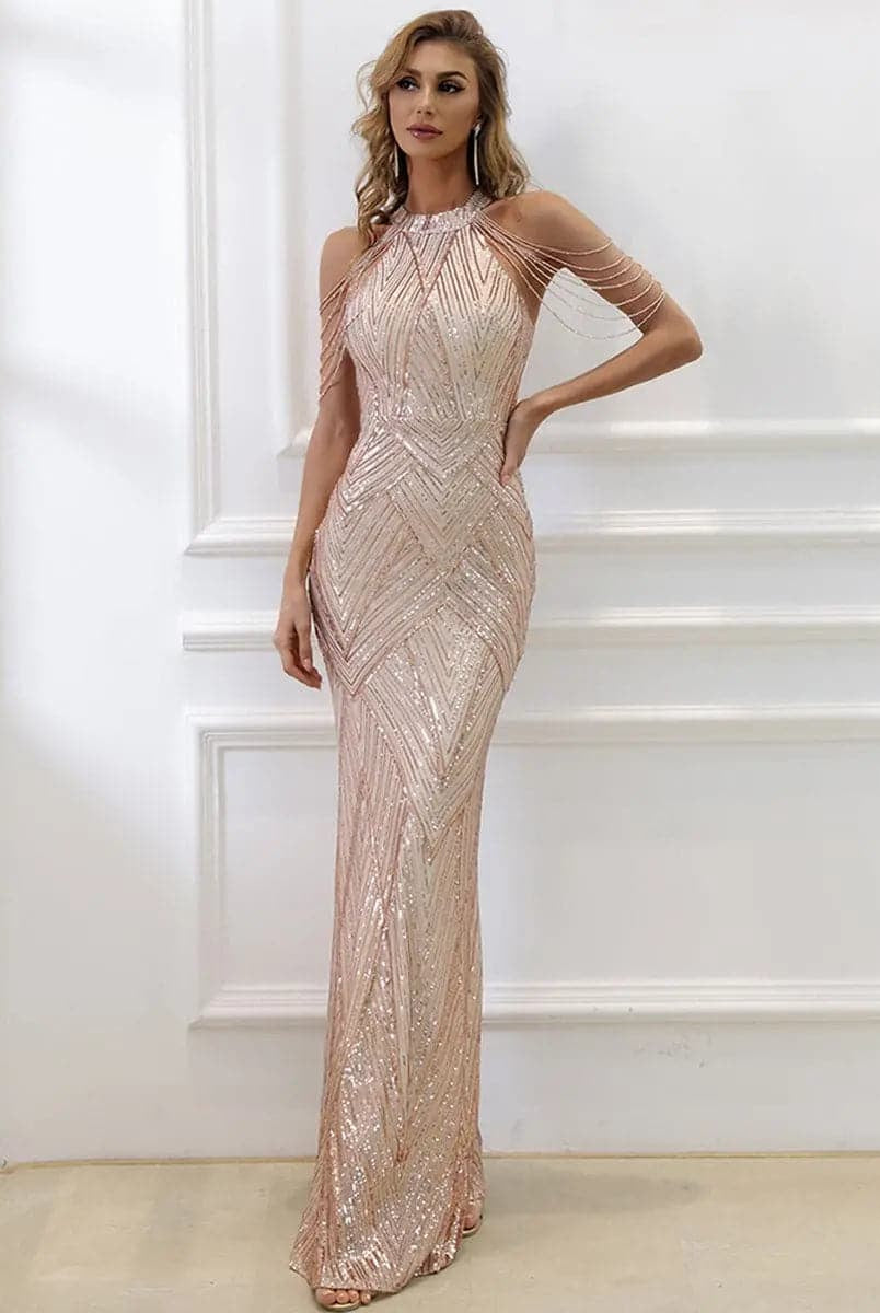 Cold Shoulder Beads Chain Elegant Sequin Prom Dress M01081
