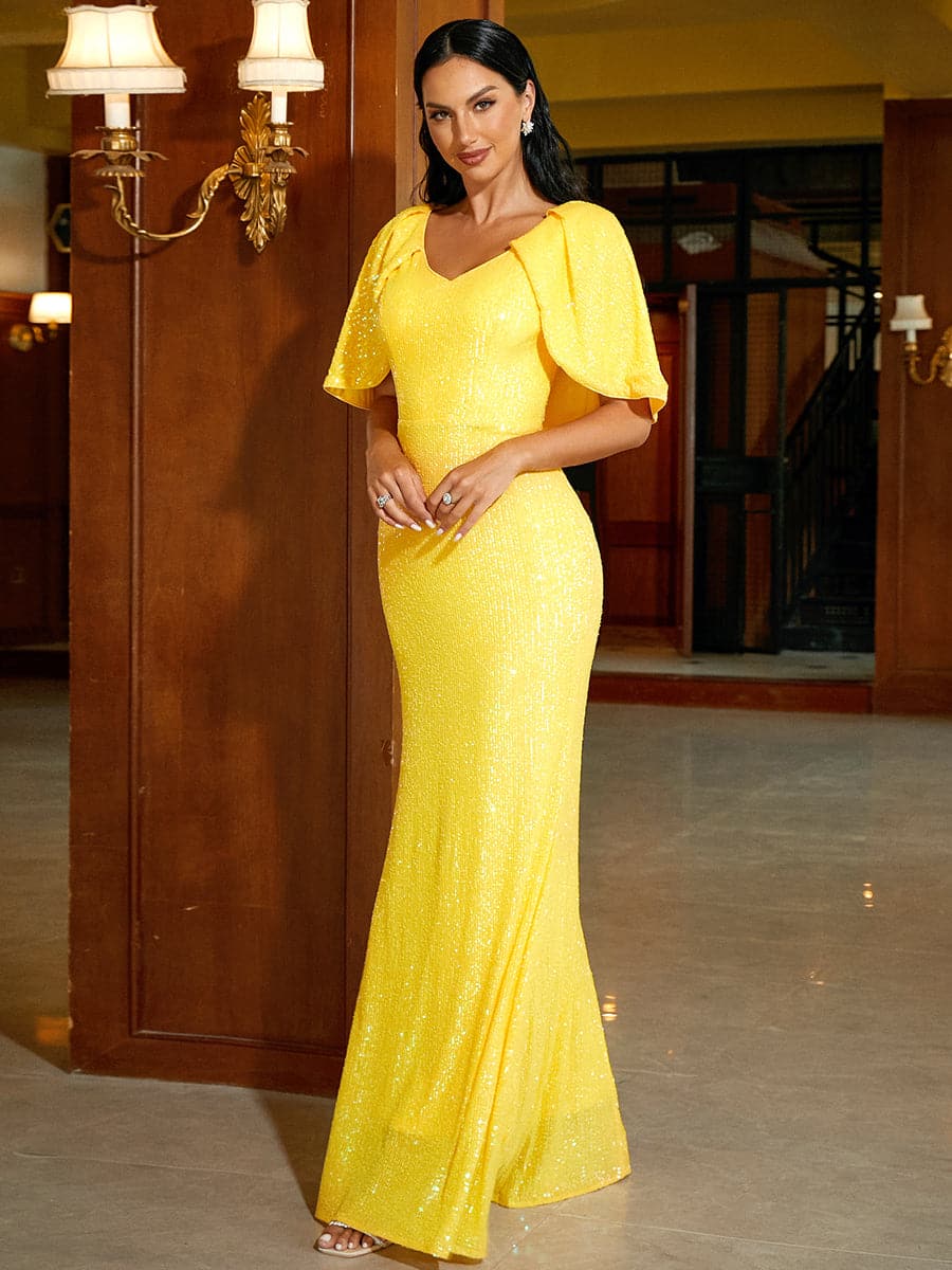 Puncho Back Puff Sleeve Yellow Sequin Evening Dress XH2266 MISS ORD