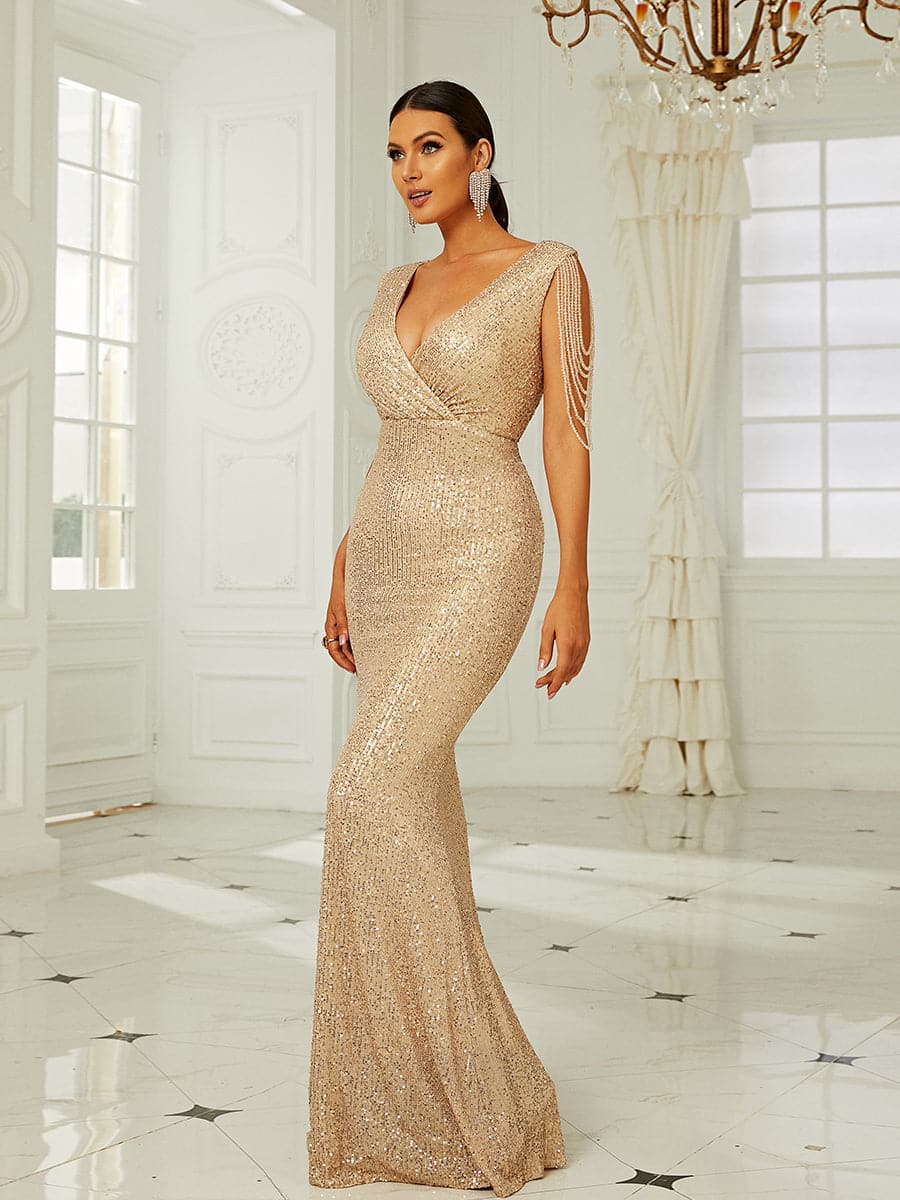 Embellished Wrap Neck Mermaid Prom Maxi Dress XH2164