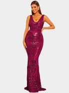 Double V Neck Floor Length Sequin Gold Prom Maxi Dress FT18726 MISS ORD