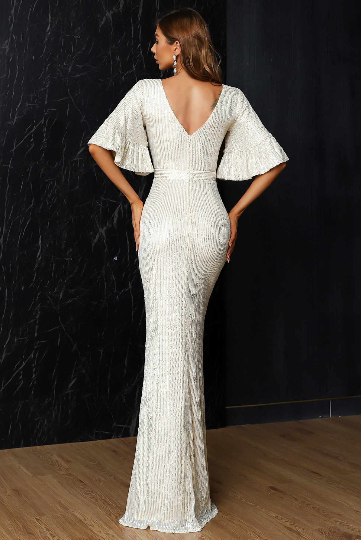 Formal V Neck Sequin White Maxi Prom Dress XH1592
