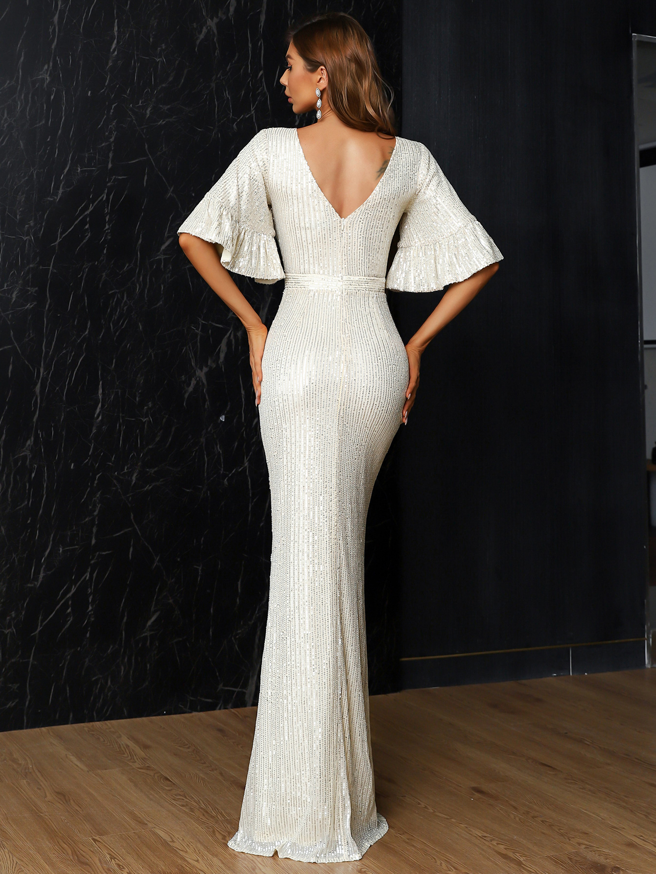 Formal V Neck Sequin White Maxi Prom Dress XH1592 MISS ORD