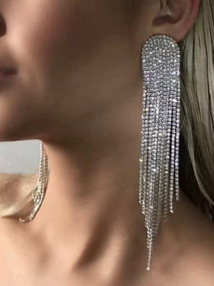 Chain Alloy Inlay Stone Long Tassel Earrings MSE101023 - MISS ORD