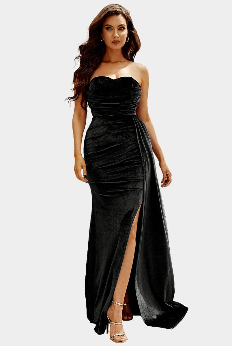 Strapless Draping Velvet Black Maxi Prom Dress M02119 MISS ORD