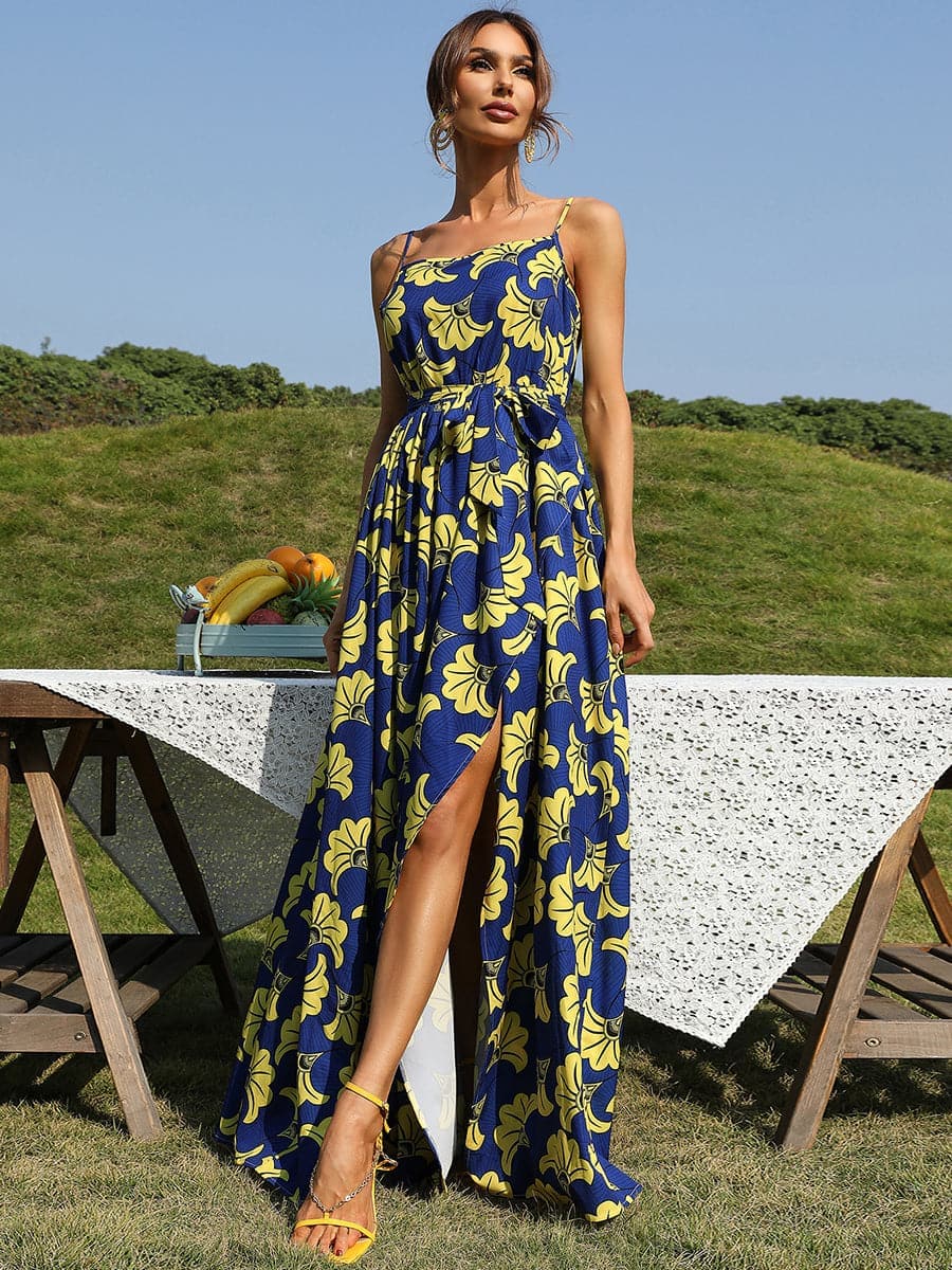 Floral Print Split Thigh Print Maxi Knit Cami Dress XJ293 MISS ORD