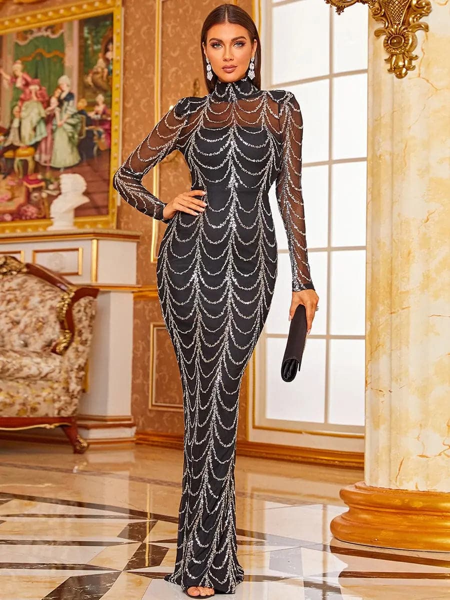 Sheer Mesh Black Sequin Dress M0032 MISS ORD
