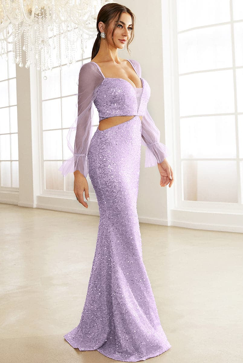 Chiffon Sleeve Cut Our Waist Purple Prom Dress WY31