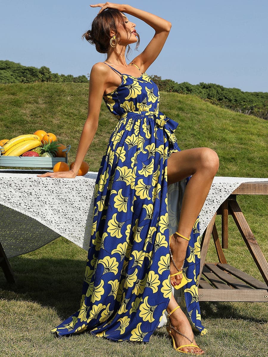 Floral Print Split Thigh Print Maxi Knit Cami Dress XJ293 MISS ORD