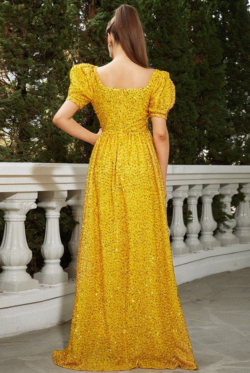 Cutout High Waist Sequin Maxi Yellow Evening Dress XJ1881 MISS ORD