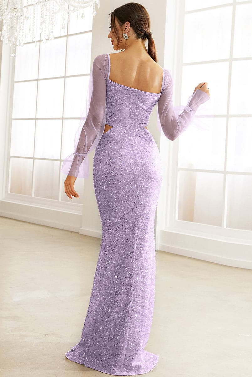 Chiffon Sleeve Cut Our Waist Purple Prom Dress WY31
