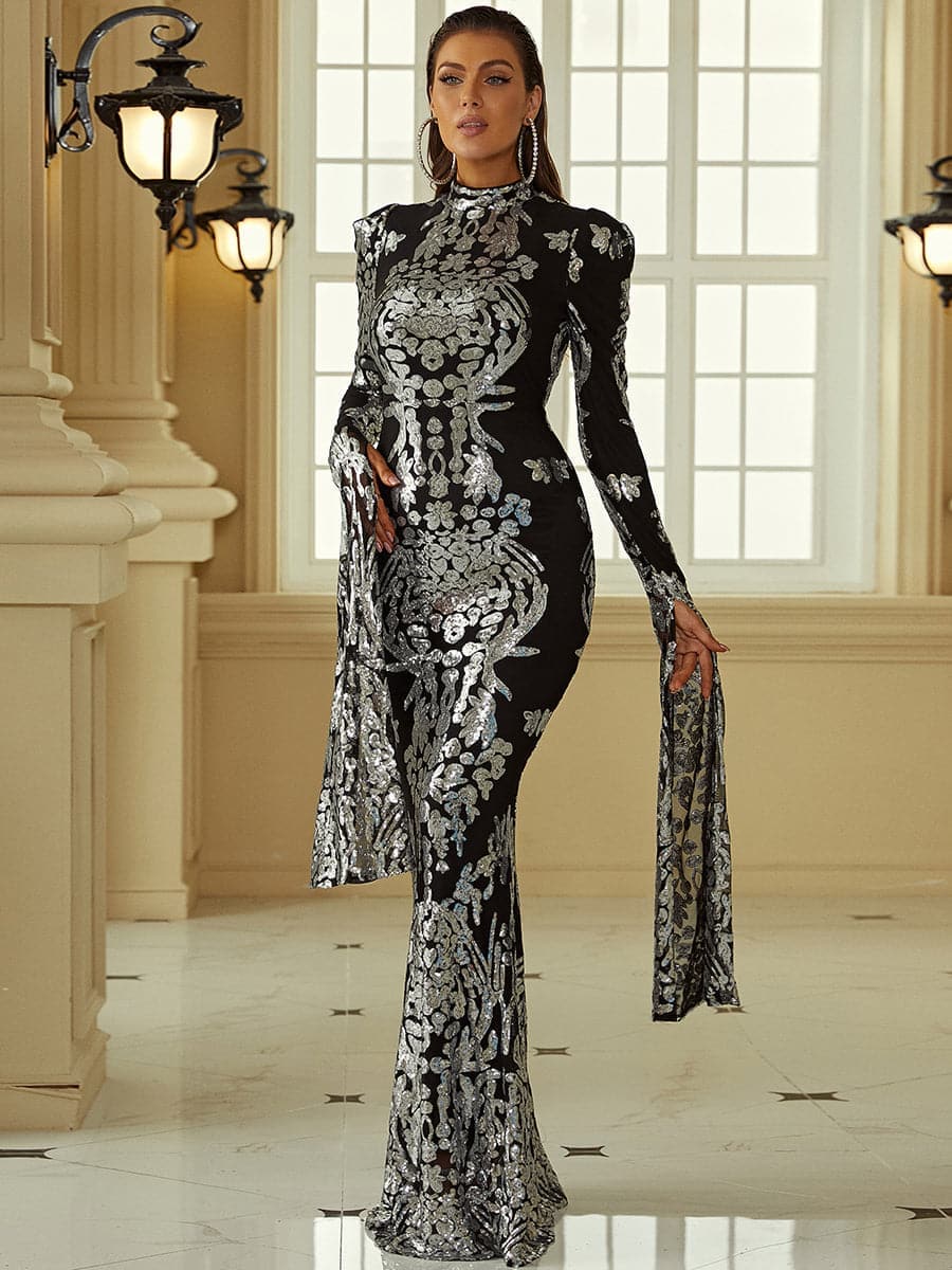 Stand Collar Long Sleeve Mermaid Hem Sequin Prom Dress XJ1262