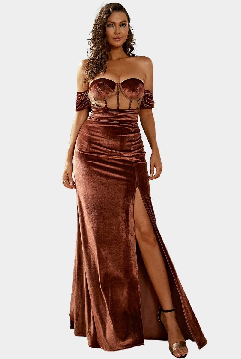 Backless Corset Brown Velvet Prom Maxi Dress XH2387 MISS ORD