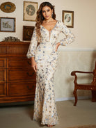 Lantern Sleeve V-Neck Sequin Grey Evening Gown XJ1505 MISS ORD