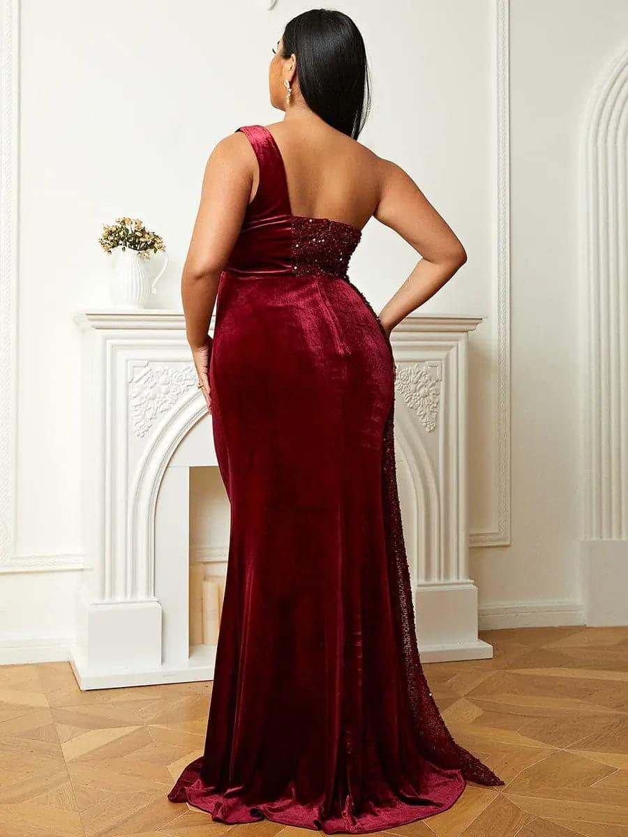 One Shoulder Velvet Split Thigh Prom Dress