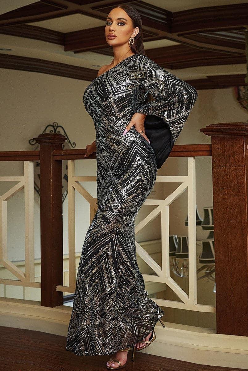Black One Shoulder Long Sleeve Sequin Prom Dress XJ2196