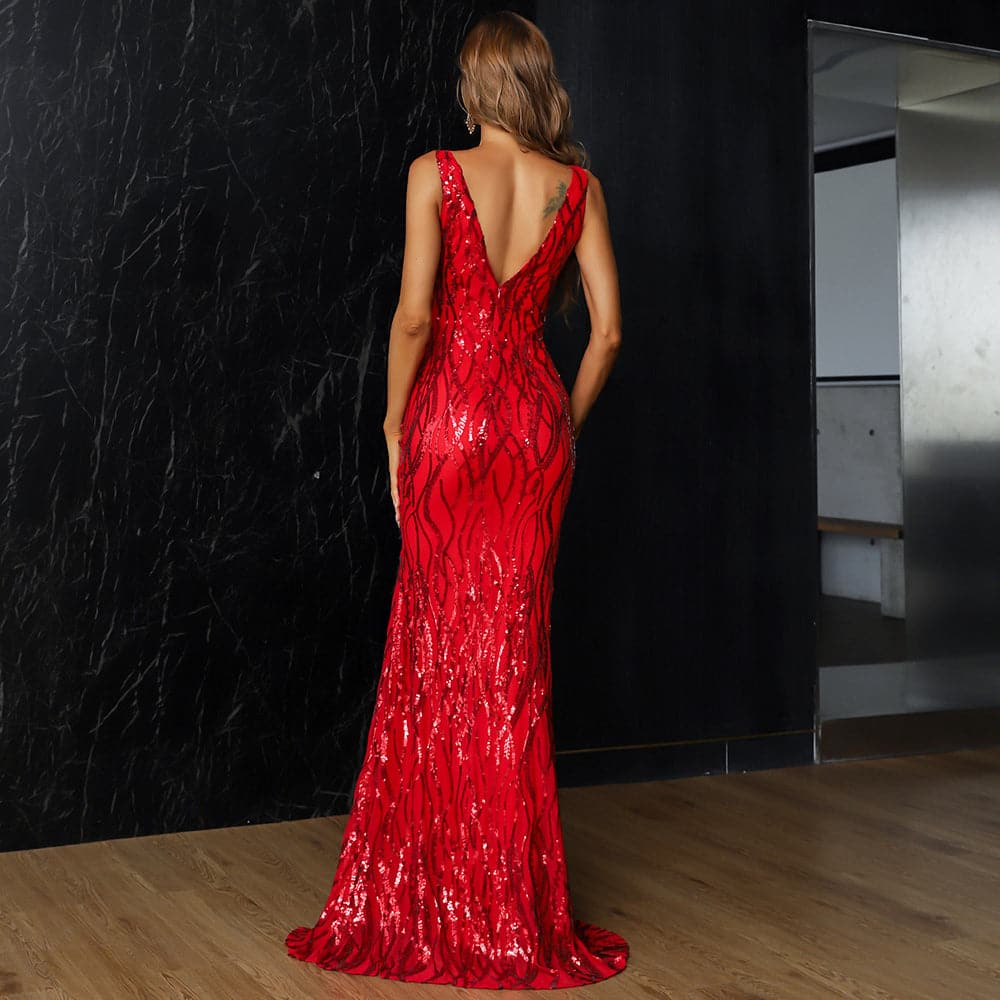 High Slit Backless Sequins Maxi Prom Dress XH1586