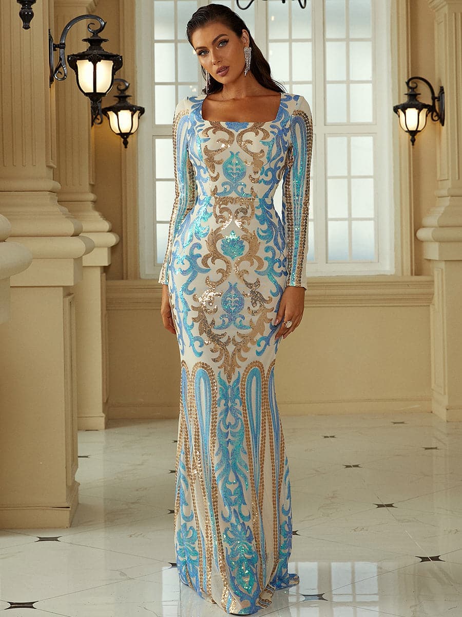 Square Neck Long Sleeve Multicolor Sequin Evening Dress XH2198
