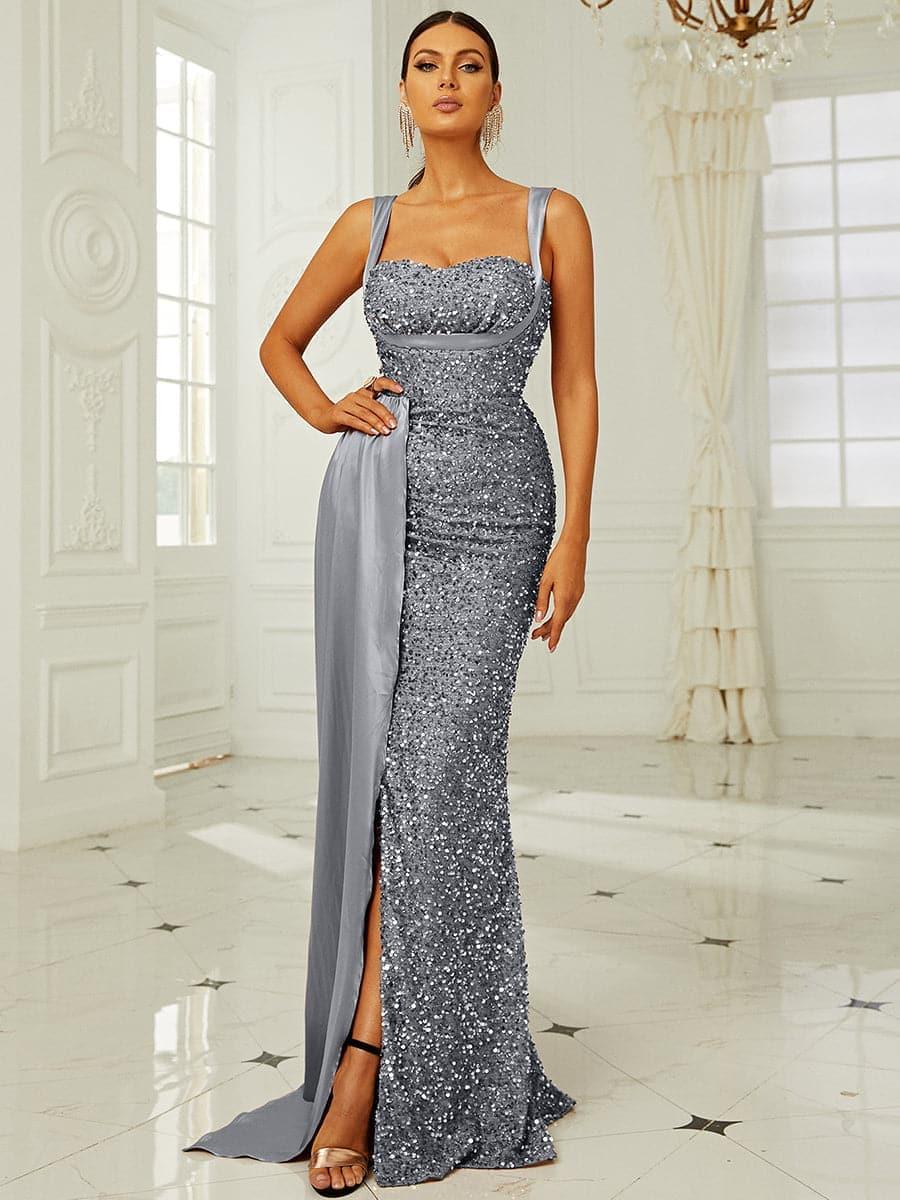 Elegant High Waist Ribbon Sequin Maxi Prom Dress