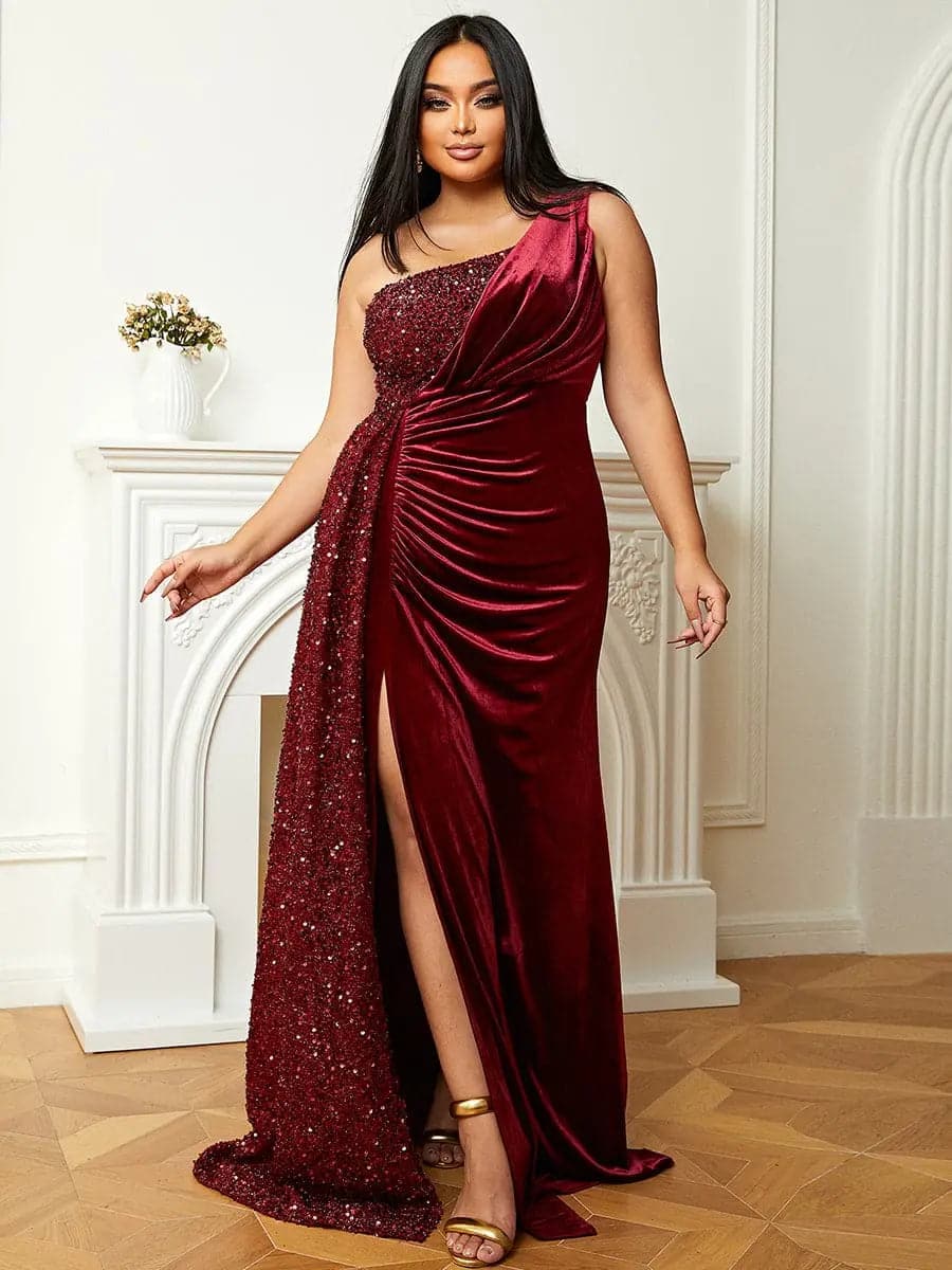 One Shoulder Sequin Panel Split Thigh Prom Dress XH2356