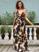 Feather Print Lace Up Backless Maxi Cami Dress XH1906
