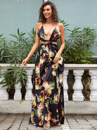 Feather Print Lace Up Backless Maxi Cami Dress XH1906
