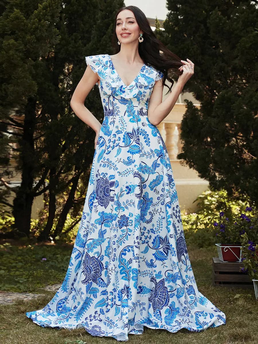 V Neck Ruffled Blue Print Maxi Vacation Dress RY40025 MISS ORD