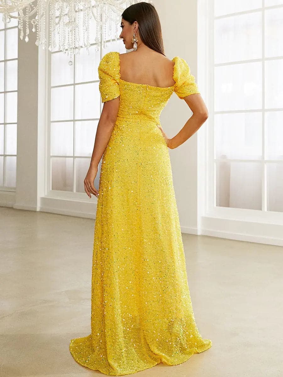 Light Yellow Floor Length Puff Sleeve Sequin Dress XJ1509