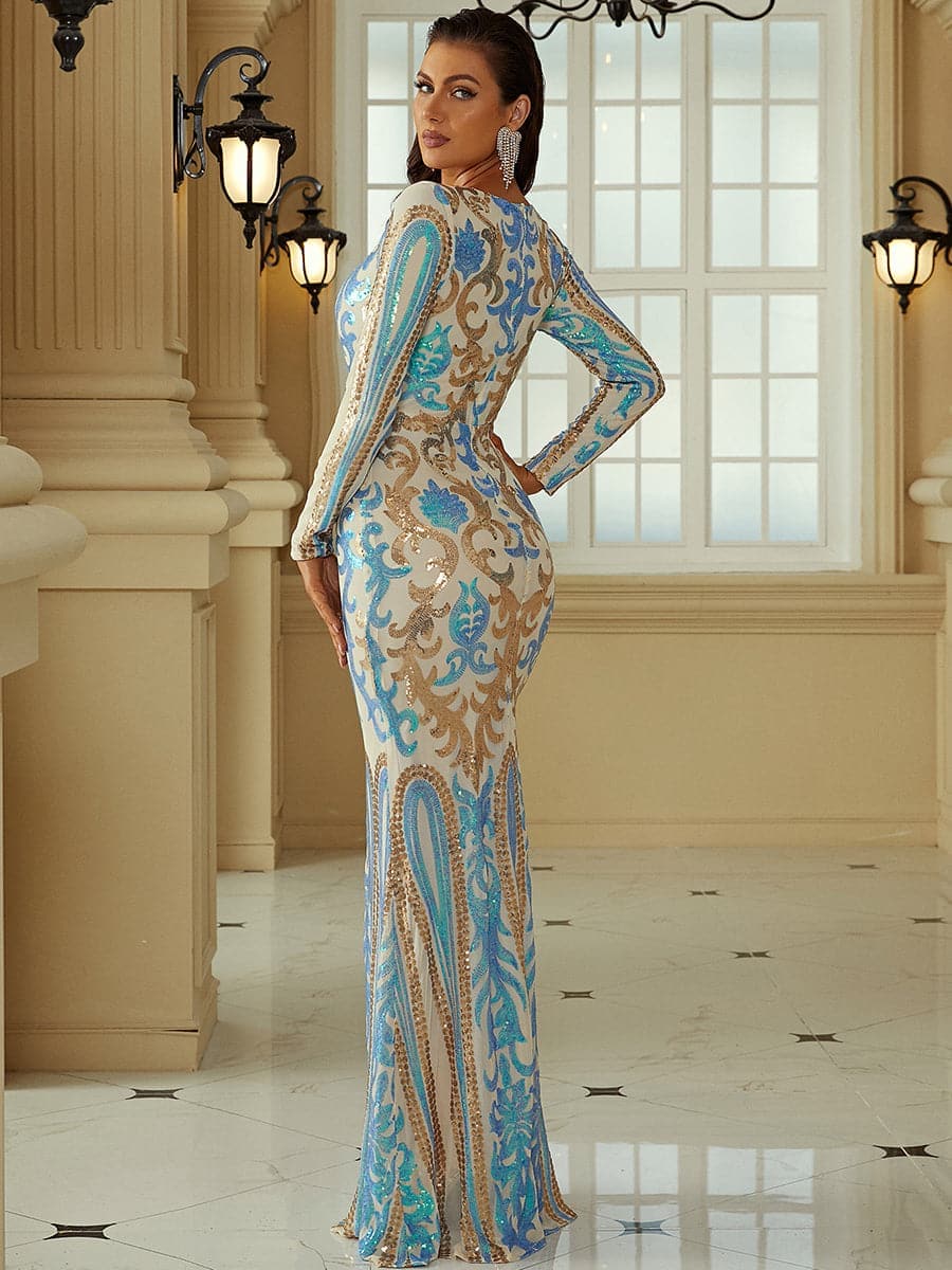 Square Neck Long Sleeve Multicolor Sequin Evening Dress XH2198 MISS ORD
