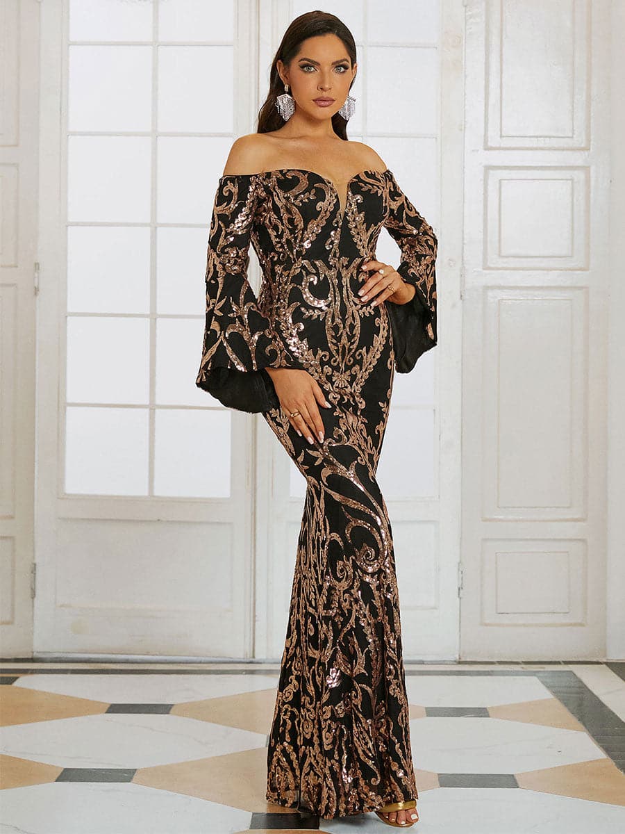 Off-Shoulder Tribal Sequin Prom Maxi Dress WY118 MISS ORD