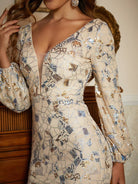 Lantern Sleeve V-Neck Sequin Grey Evening Gown XJ1505 MISS ORD