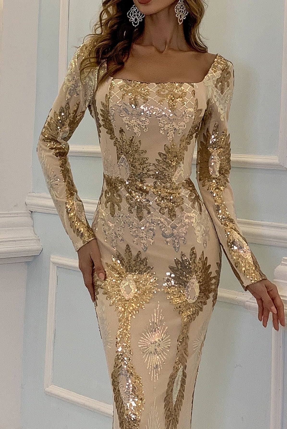 Square Neck Geo Maxi Sequin Hem Golden Prom Dress M0870
