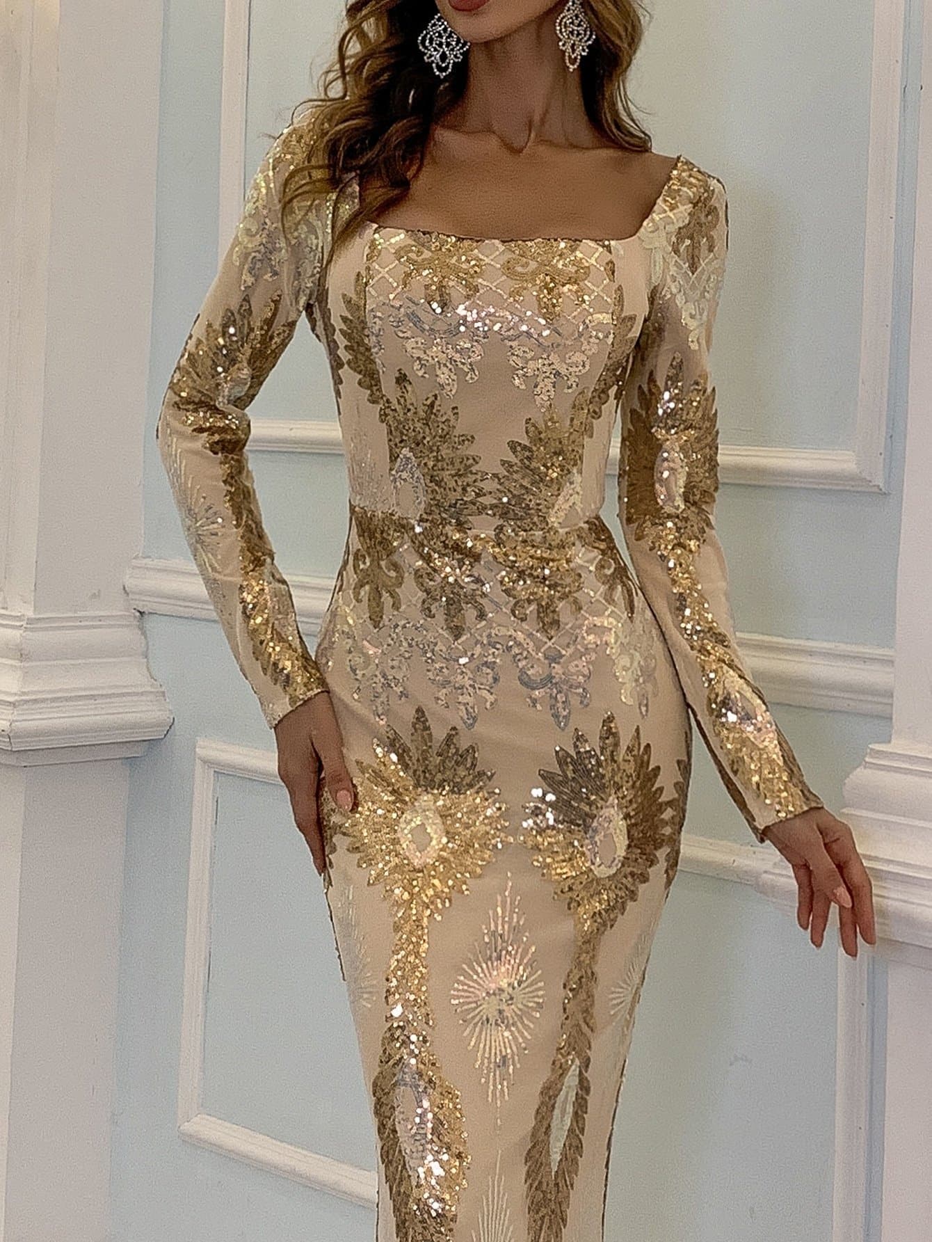 Square Neck Geo Maxi Sequin Hem Golden Prom Dress M0870