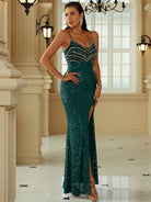 Slit Thigh Backless Green Sequin Formal Dress M02095 MISS ORD