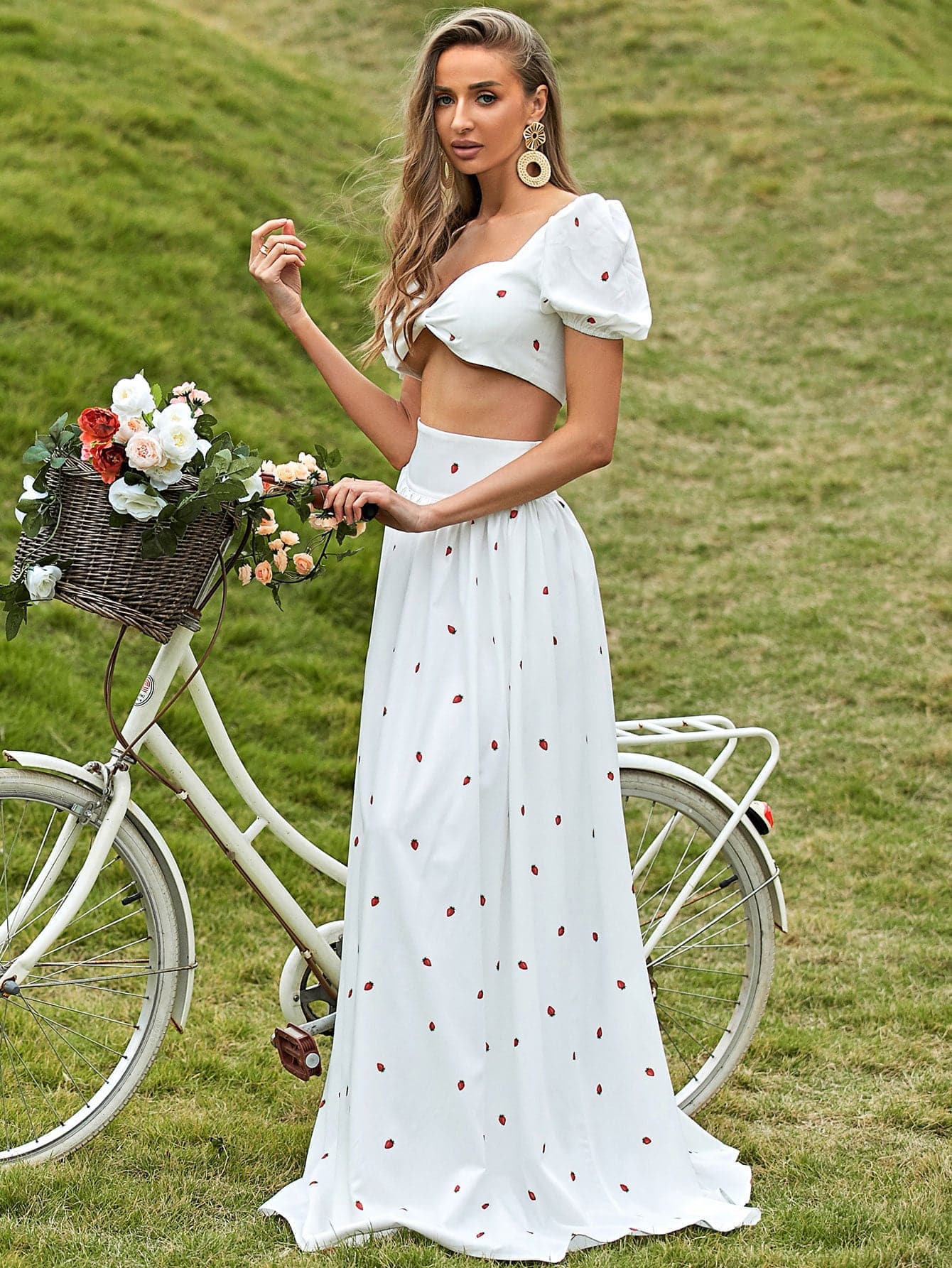 Strawberry Print Puff Sleeve Crop White Maxi Knit Top & Skirt XJ1120 MISS ORD